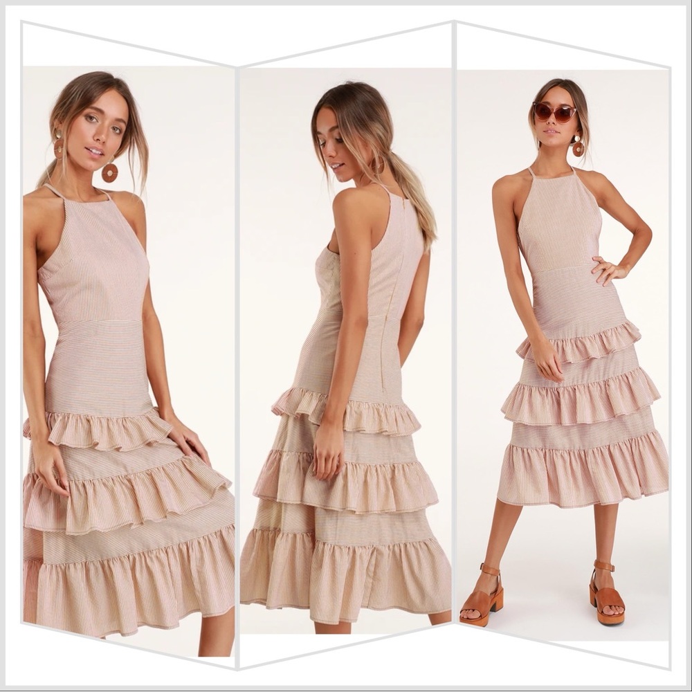 Orange striped ruffled midi dress